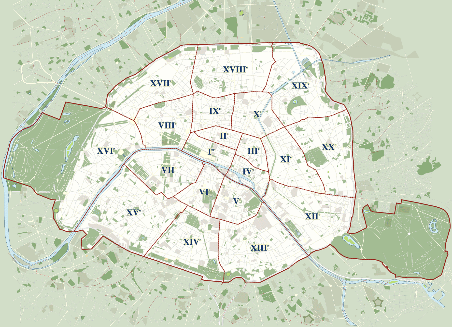 Map of Paris 20 boroughs arrondissements  districts